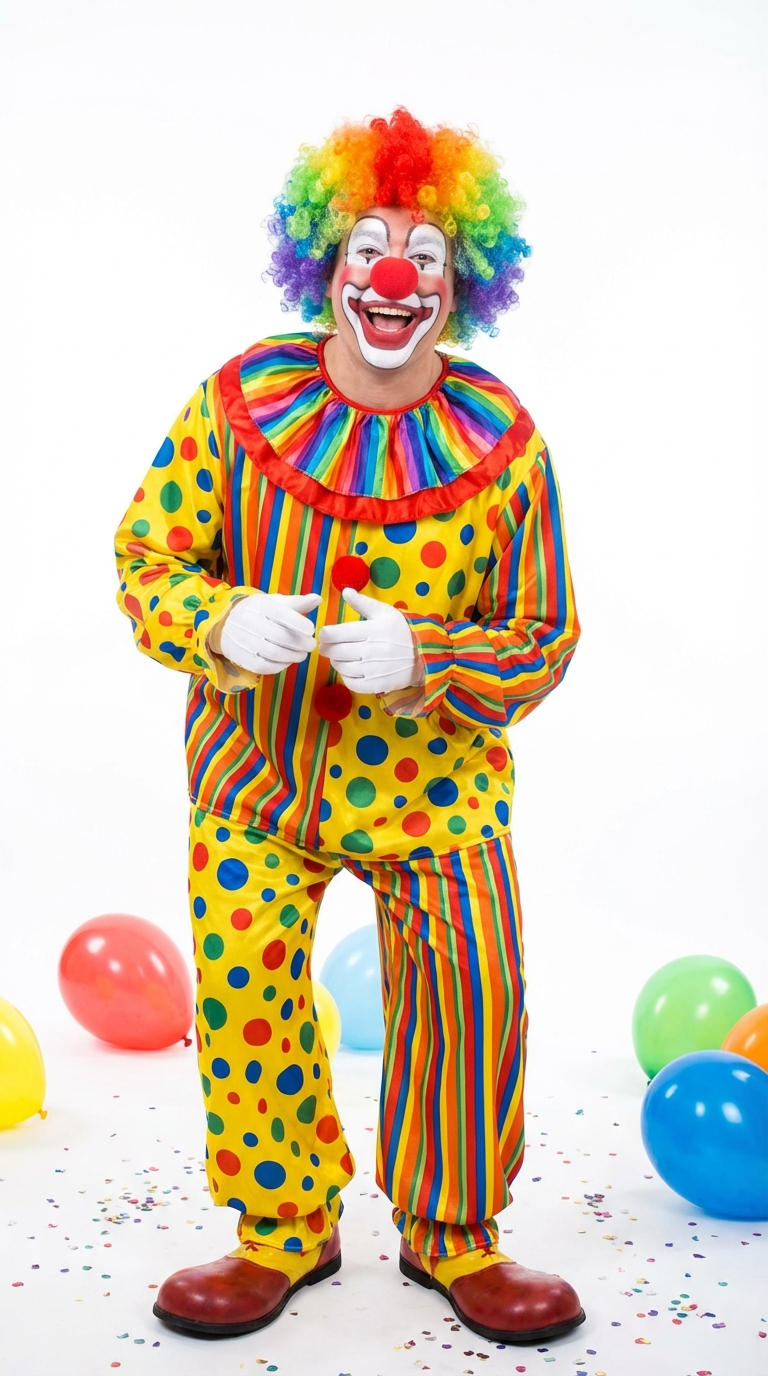 Person im bunten Clownskostüm mit Rüschenkragen und roter Nase