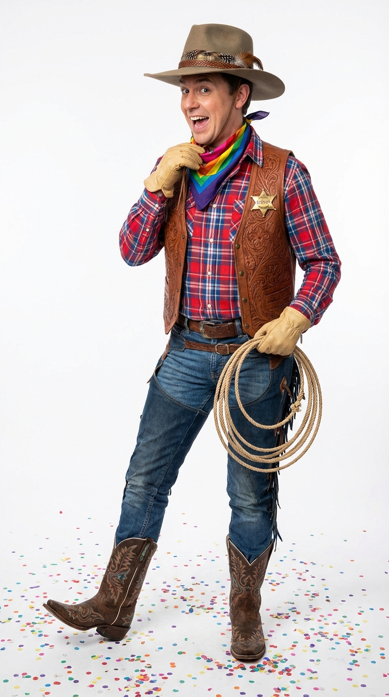 Person im Cowboykostüm mit Hut, Karohemd und Lederweste