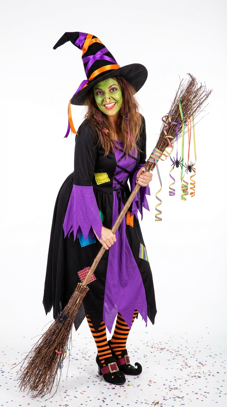 Person im Hexenkostüm mit Spitzhut, schwarzem Kleid und Besen