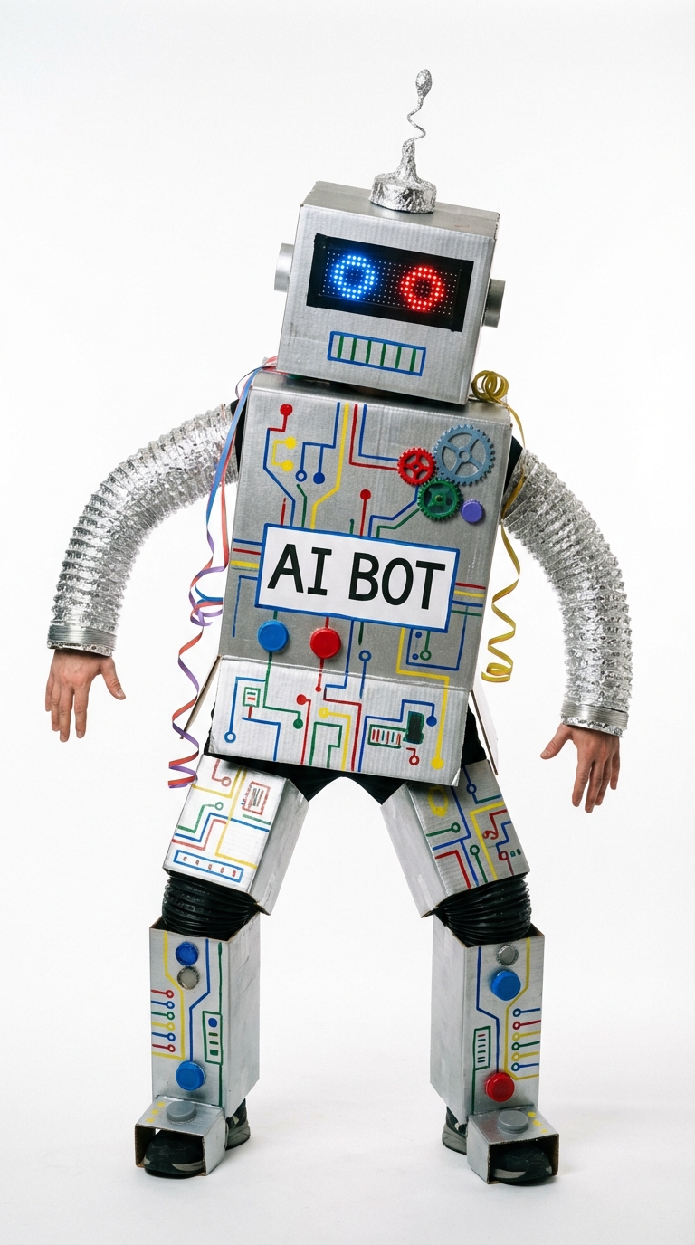 Person in einem selbstgebauten Roboterkostüm aus silbernen Kartons