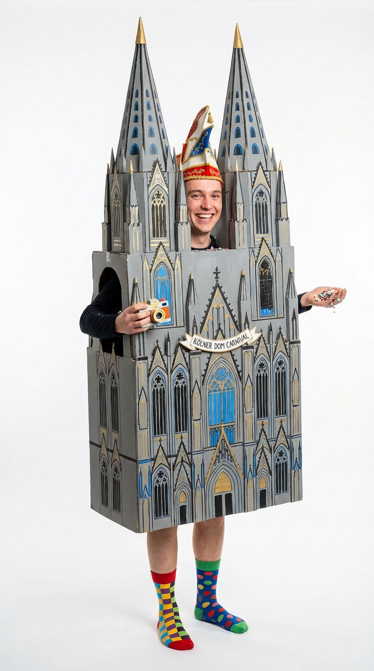 Person in einem Kartonkostüm in Form der Domtürme