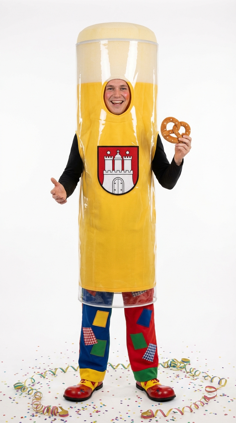 Person in einem Ganzkörperkostüm in Form eines Kölschglases