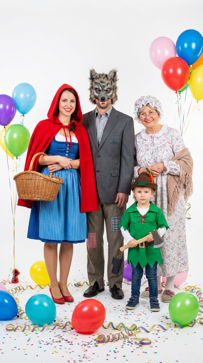Familie als Märchenfiguren mit Rotkäppchen und Wolf