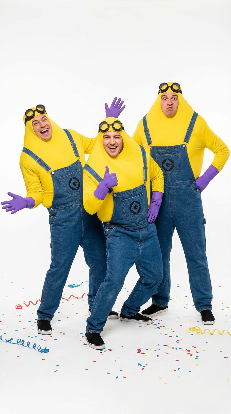 Gruppe in gelben Minion-Kostümen mit blauen Latzhosen