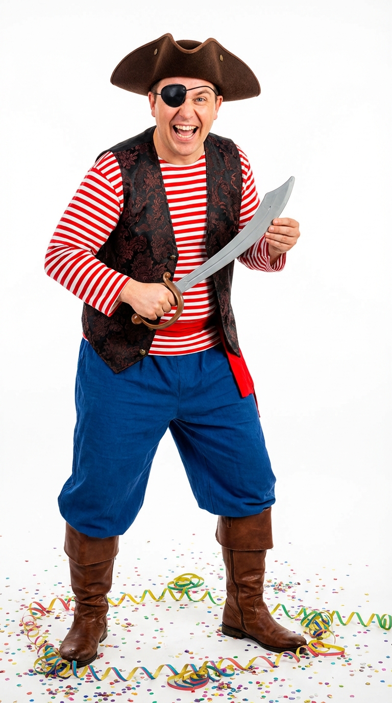 Person im Piratenkostüm mit Dreispitz und Augenklappe
