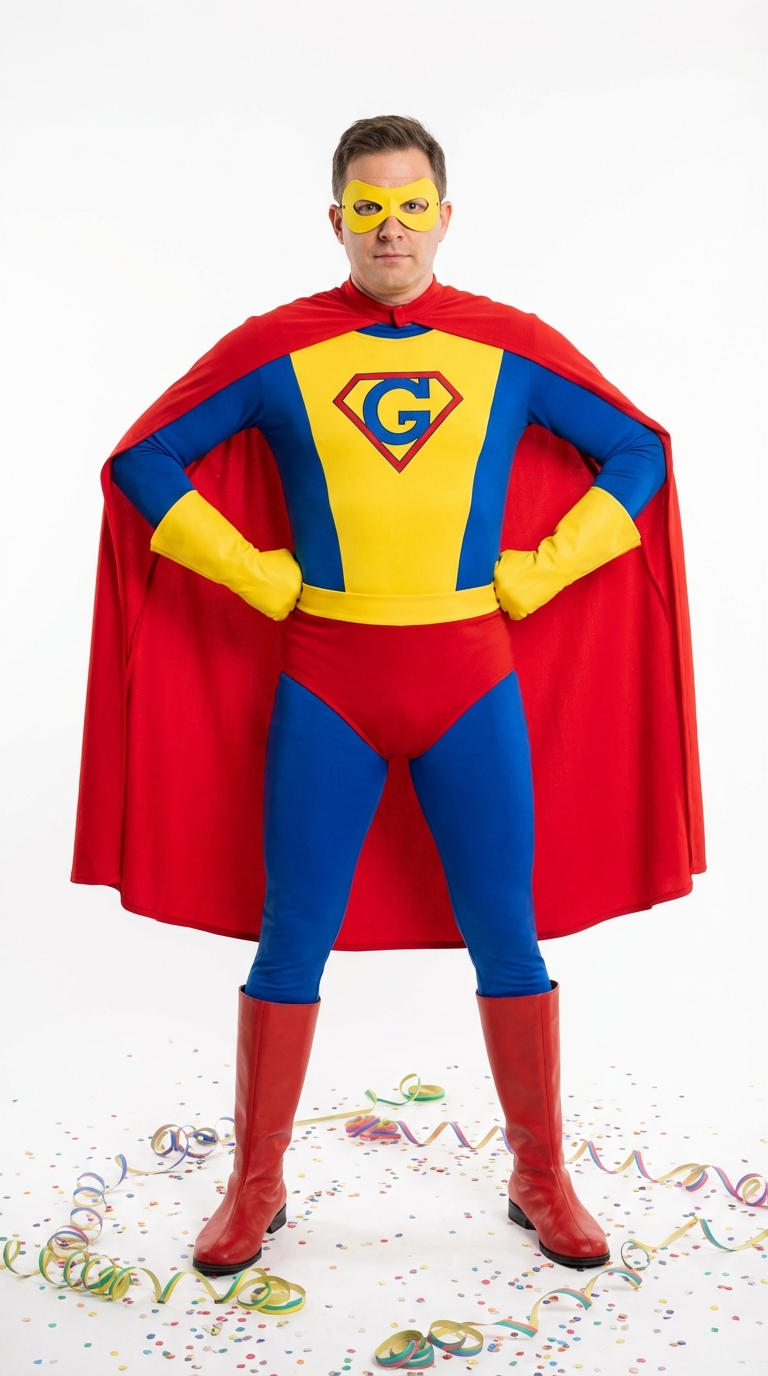 Person im bunten Superheldenkostüm mit Cape und Maske
