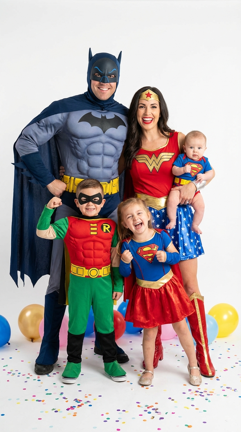 Familie in aufeinander abgestimmten Superheldenkostümen