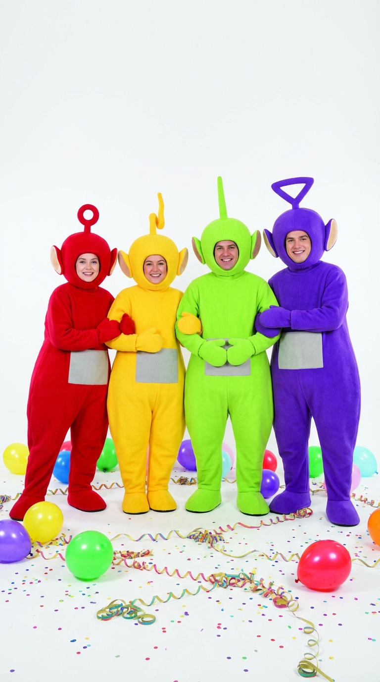 Vier Personen in bunten Teletubbie-Plüschkostümen